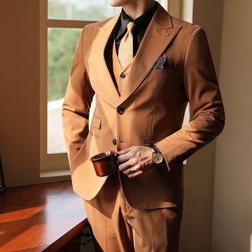 Caramel Groom Three-Piece Suit.