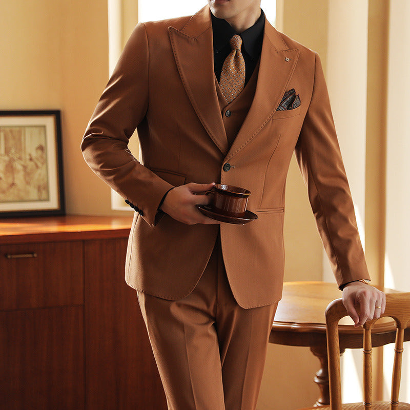 Caramel Groom Three-Piece Suit.