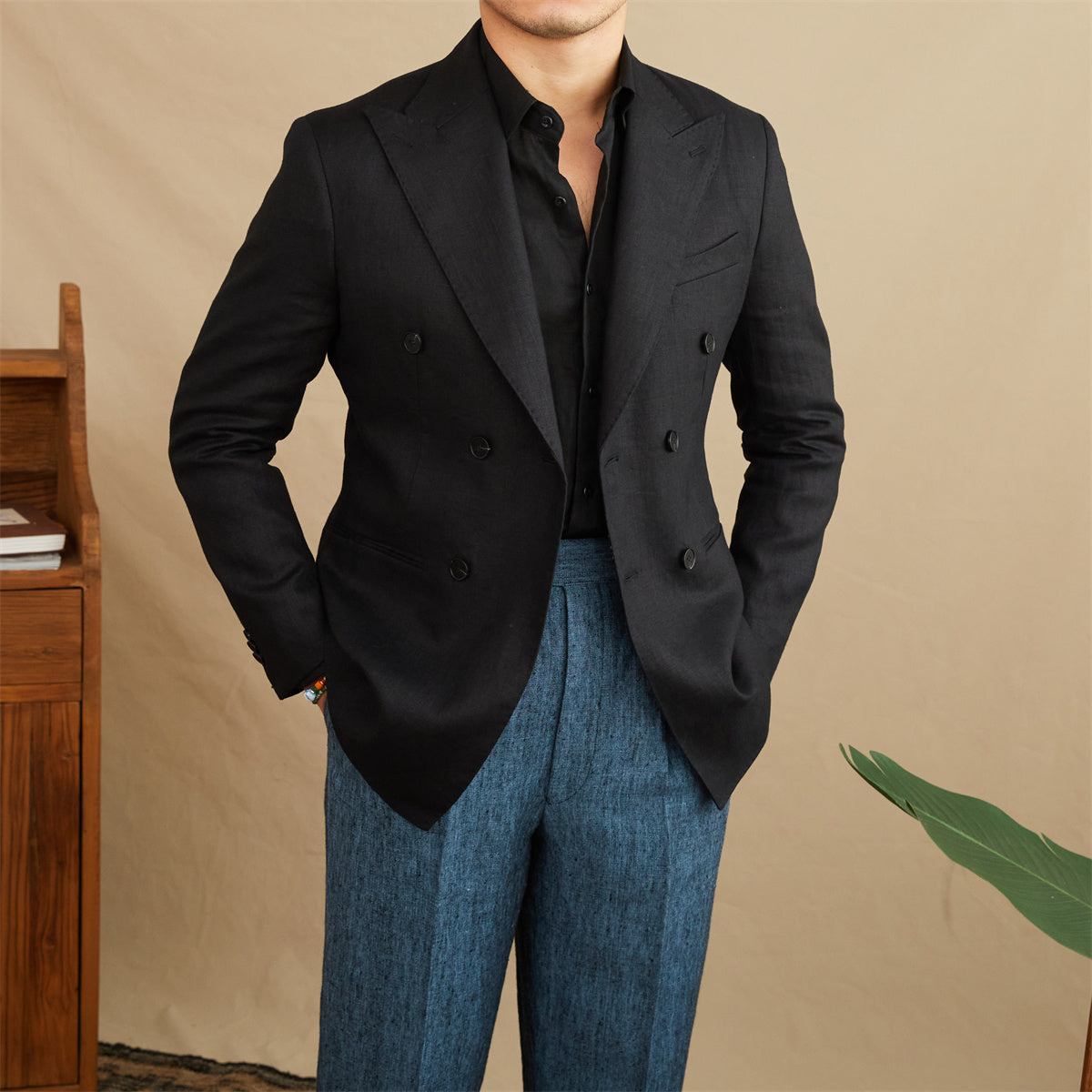 Linen Slim Fit Double-Breasted Suit.